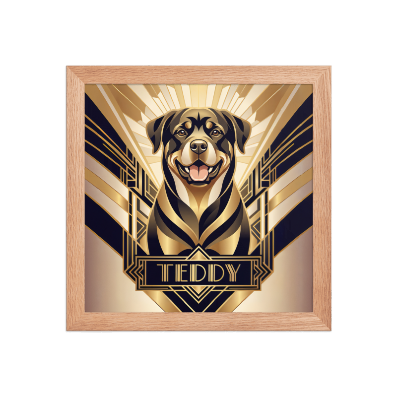 Art Deco Pet Portrait Framed Picture 10x10 Oak Frame