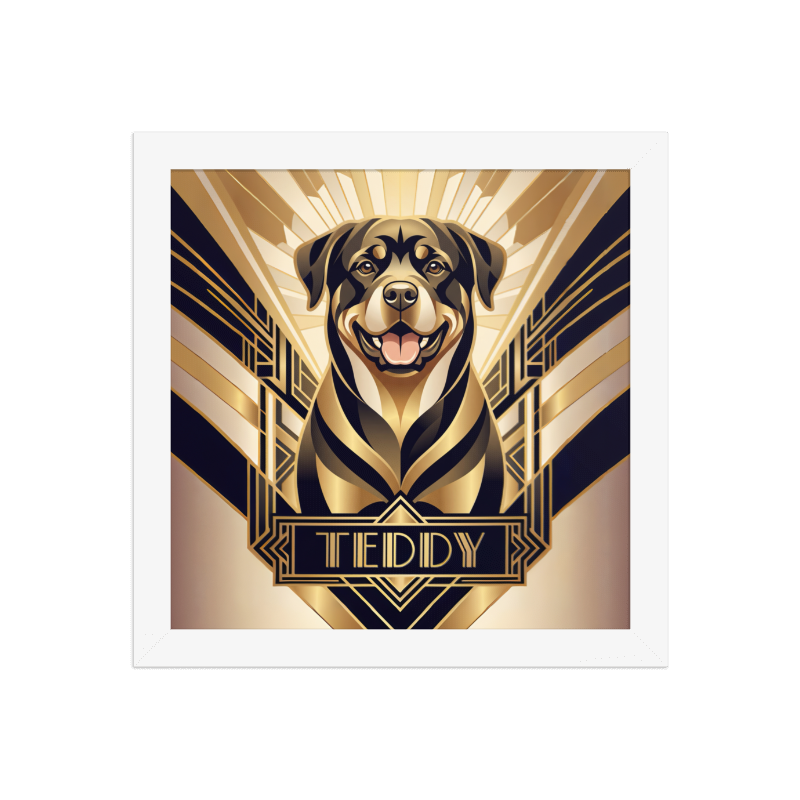 Art Deco Pet Portrait Framed Picture 10x10 White Frame