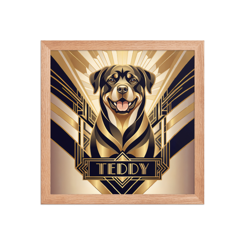 Art Deco Pet Portrait Framed Picture 12x12 Oak Frame