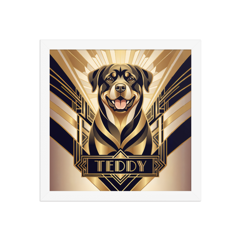 Art Deco Pet Portrait Framed Picture 12x12 White Frame