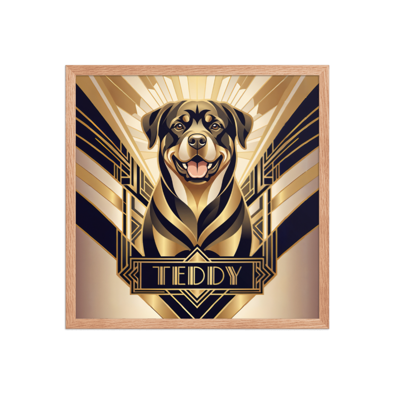 Art Deco Pet Portrait Framed Picture 18x18 Oak Frame