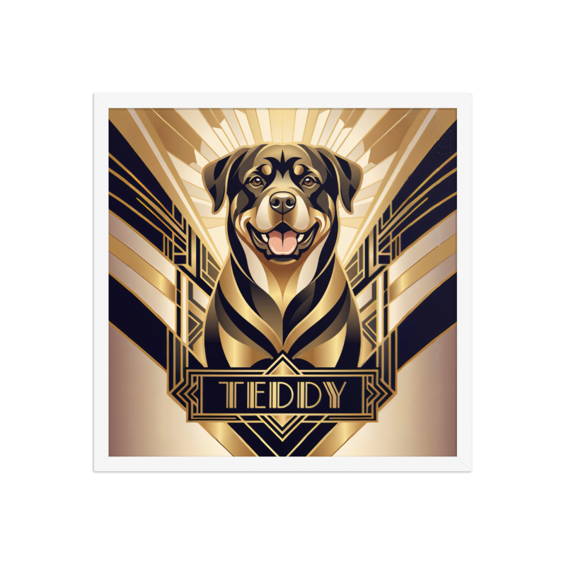 Art Deco Pet Portrait Framed Picture 18x18 White Frame