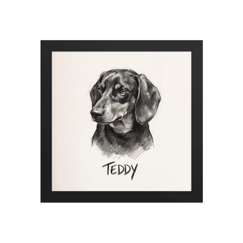 Charcoal Sketch Pet Portrait Framed Picture 10x10 Black Frame