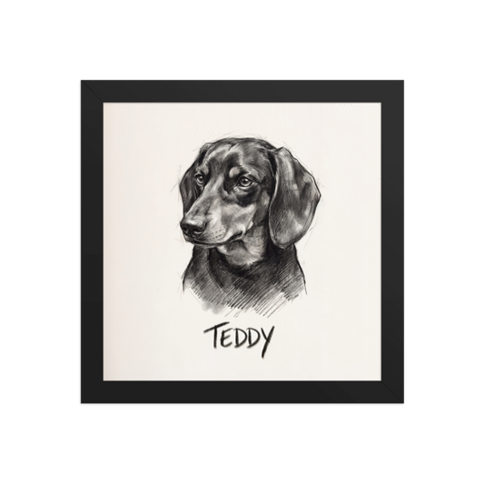 Charcoal Sketch Pet Portrait Framed Picture 10x10 Black Frame