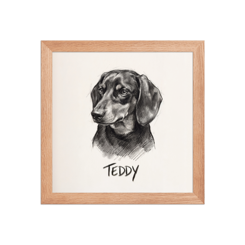 Charcoal Sketch Pet Portrait Framed Picture 10x10 Oak Frame