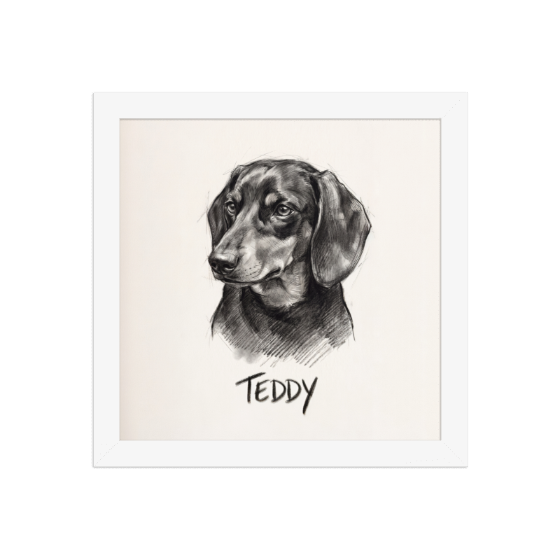 Charcoal Sketch Pet Portrait Framed Picture 10x10 White Frame