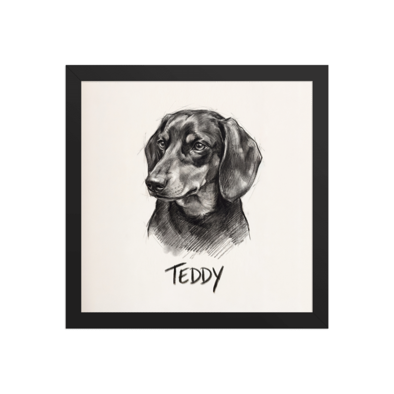 Charcoal Sketch Pet Portrait Framed Picture 12x12 Black Frame