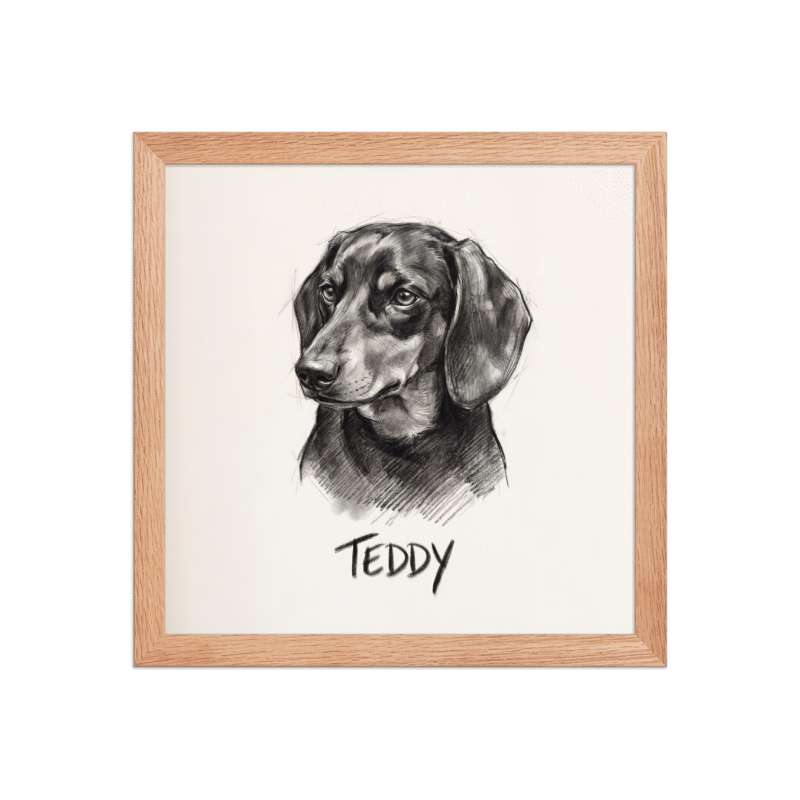 Charcoal Sketch Pet Portrait Framed Picture 12x12 Oak Frame