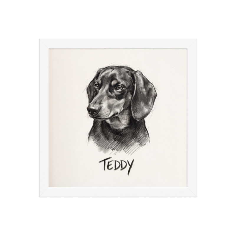 Charcoal Sketch Pet Portrait Framed Picture 12x12 White Frame
