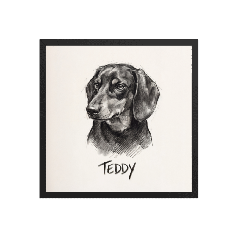 Charcoal Sketch Pet Portrait Framed Picture 18x18 Black Frame