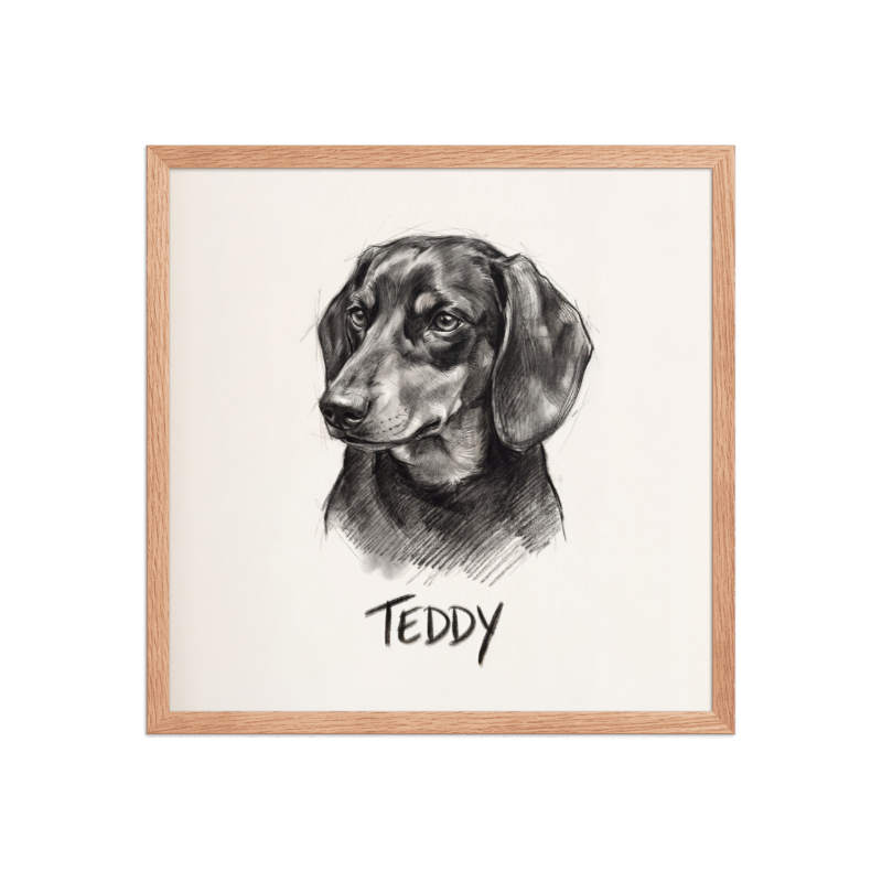 Charcoal Sketch Pet Portrait Framed Picture 18x18 Oak Frame