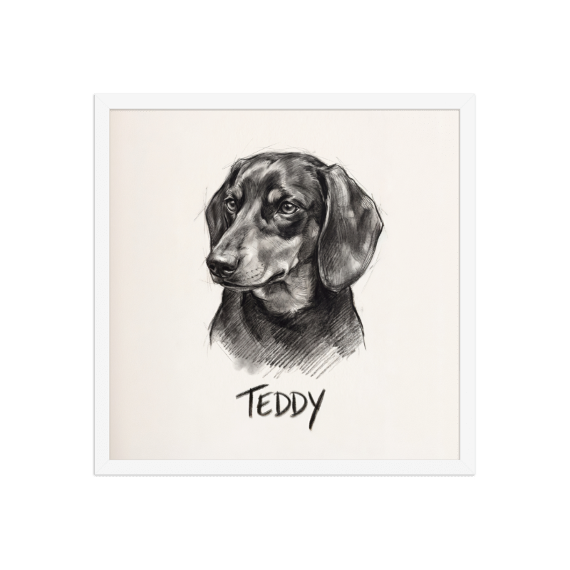Charcoal Sketch Pet Portrait Framed Picture 18x18 White Frame