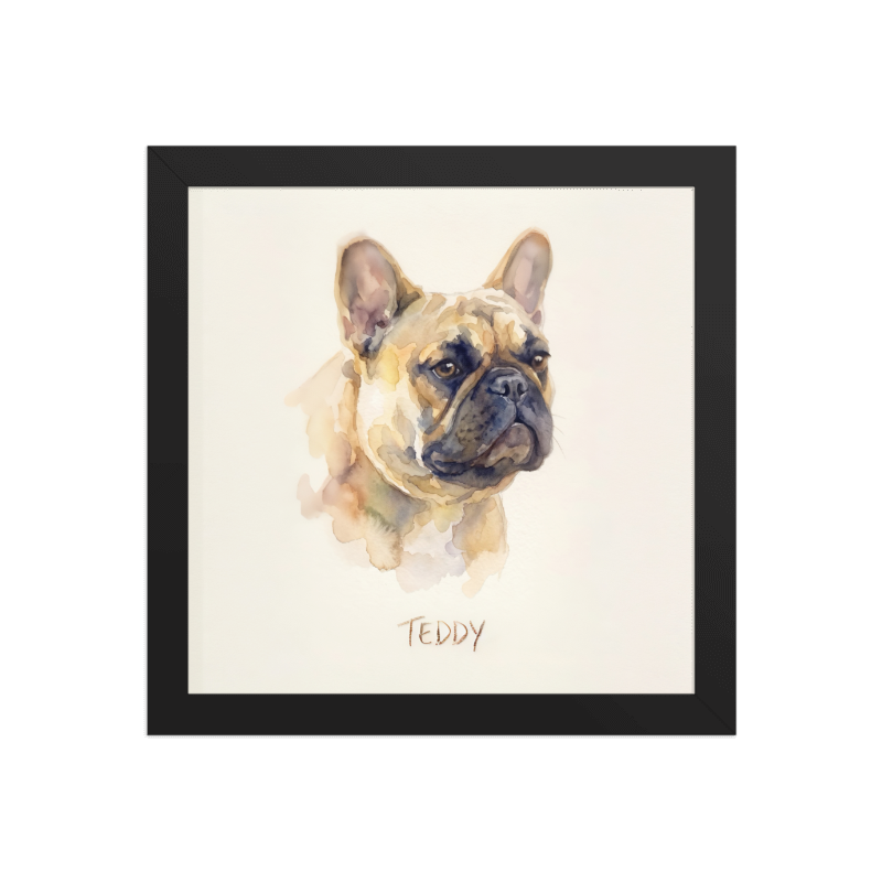 Watercolor Pet Portrait Framed Picture 10x10 Black Frame