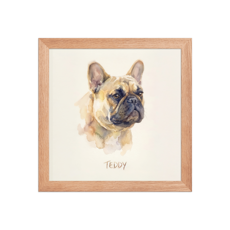 Watercolor Pet Portrait Framed Picture 10x10 Oak Frame