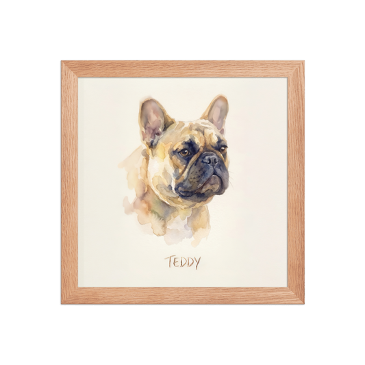 Watercolor Pet Portrait Framed Picture 10x10 Oak Frame