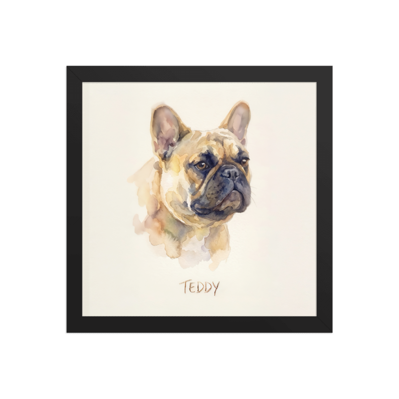 Watercolor Pet Portrait Framed Picture 12x12 Black Frame