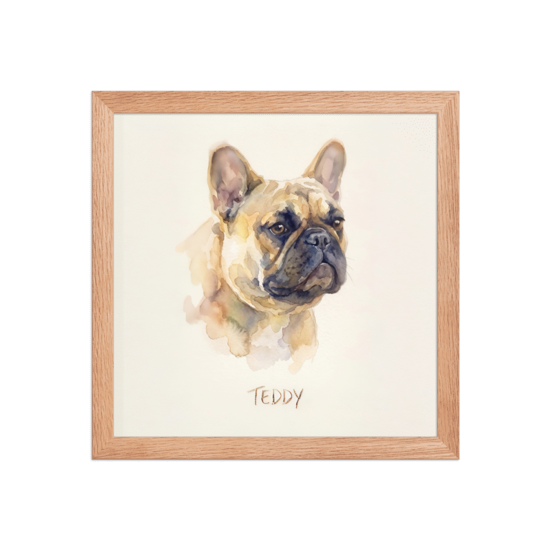 Watercolor Pet Portrait Framed Picture 12x12 Oak Frame
