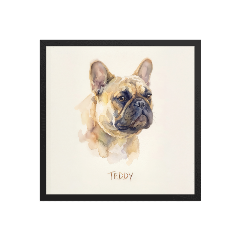 Watercolor Pet Portrait Framed Picture 18x18 Black Frame