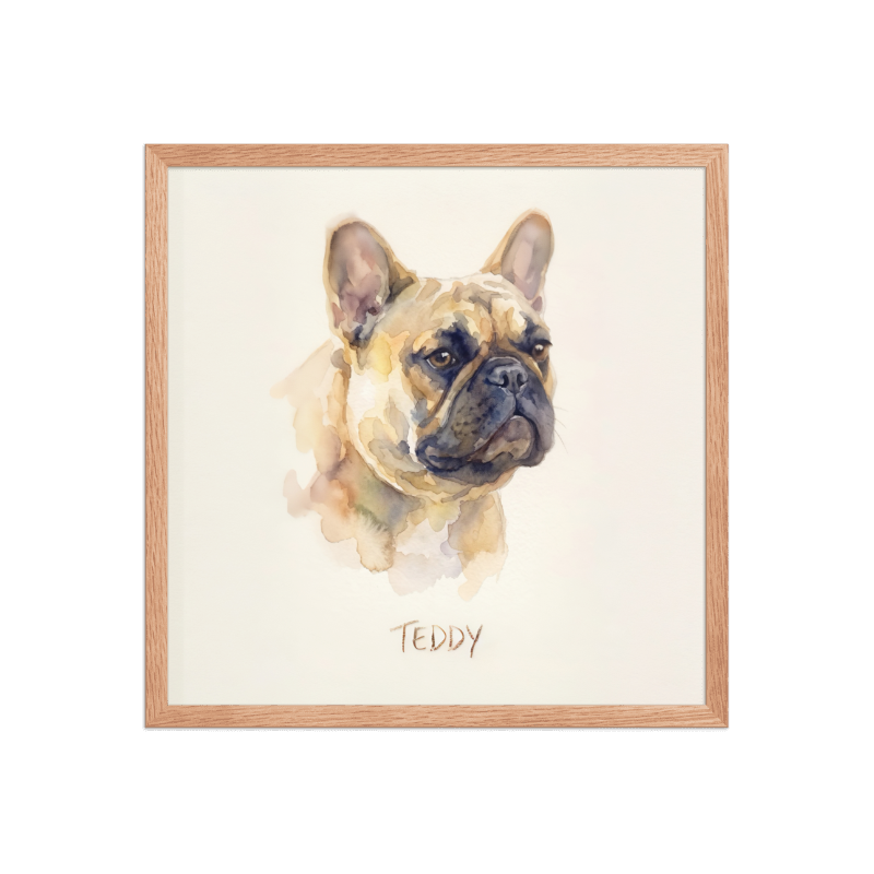 Watercolor Pet Portrait Framed Picture 18x18 Oak Frame