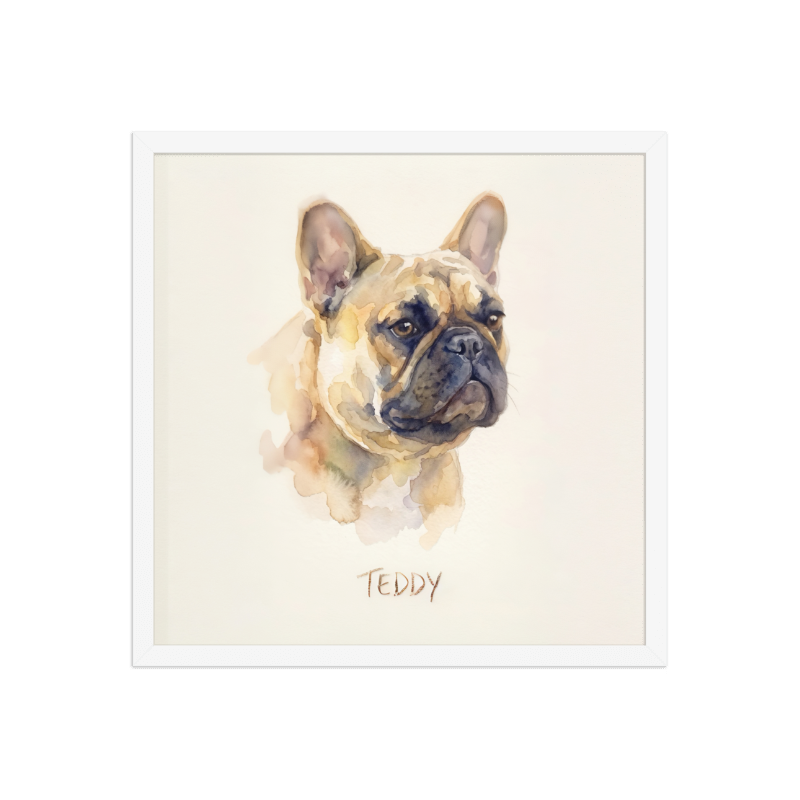 Watercolor Pet Portrait Framed Picture 18x18 White Frame